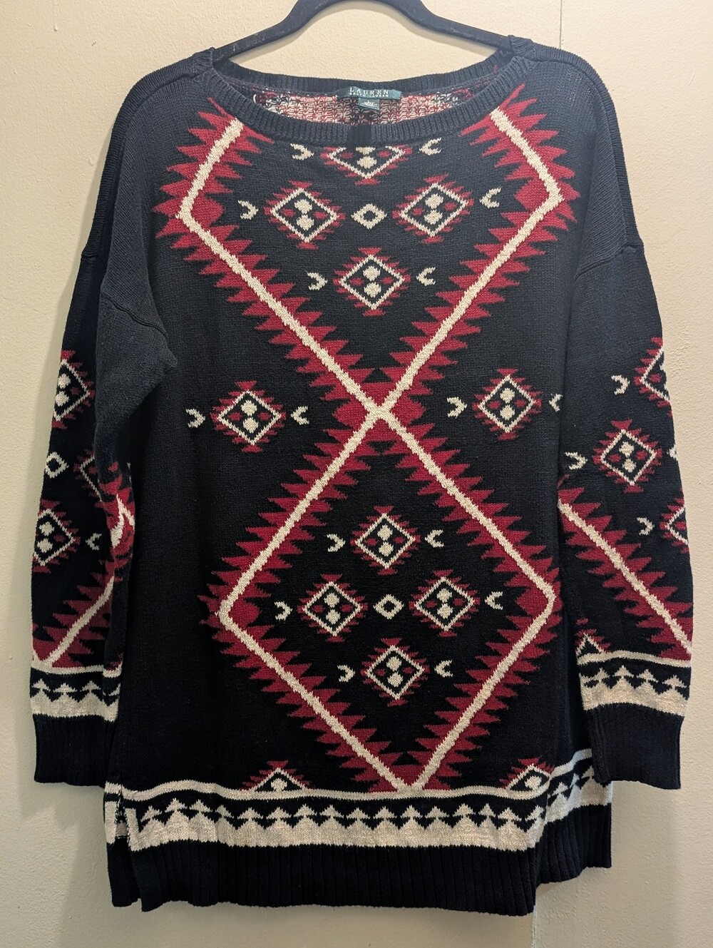Ralph Lauren Black Aztec-Pattern Tunic Sweater w/ Red Accents Long Sleeves- L - Picture 3 of 15